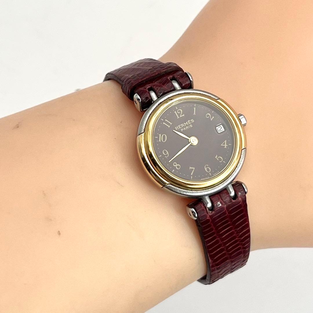 希少✨　エルメス　ウィンザー　腕時計　コンビ　ボルドー文字盤　クォーツ　デイト