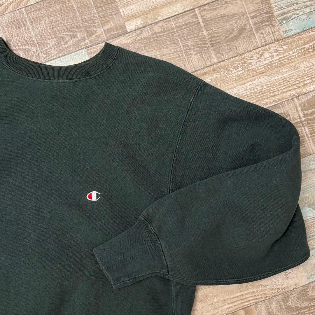USA製 90s チャンピオン リバースウィーブ 無地 目あり 刺繍タグ モス
