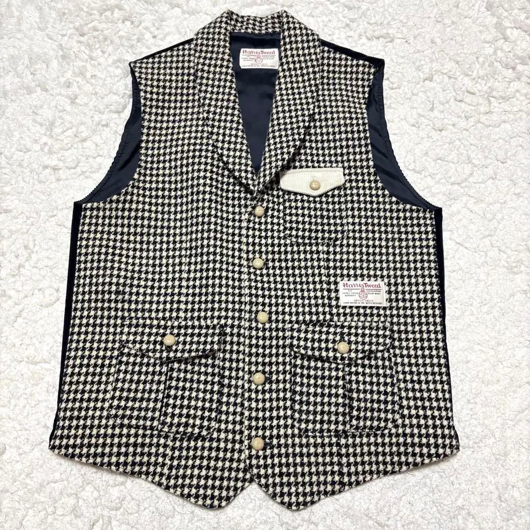 【未使用級】ハリスツイード 千鳥格子 クルミボタン ショールカラー ベスト LL