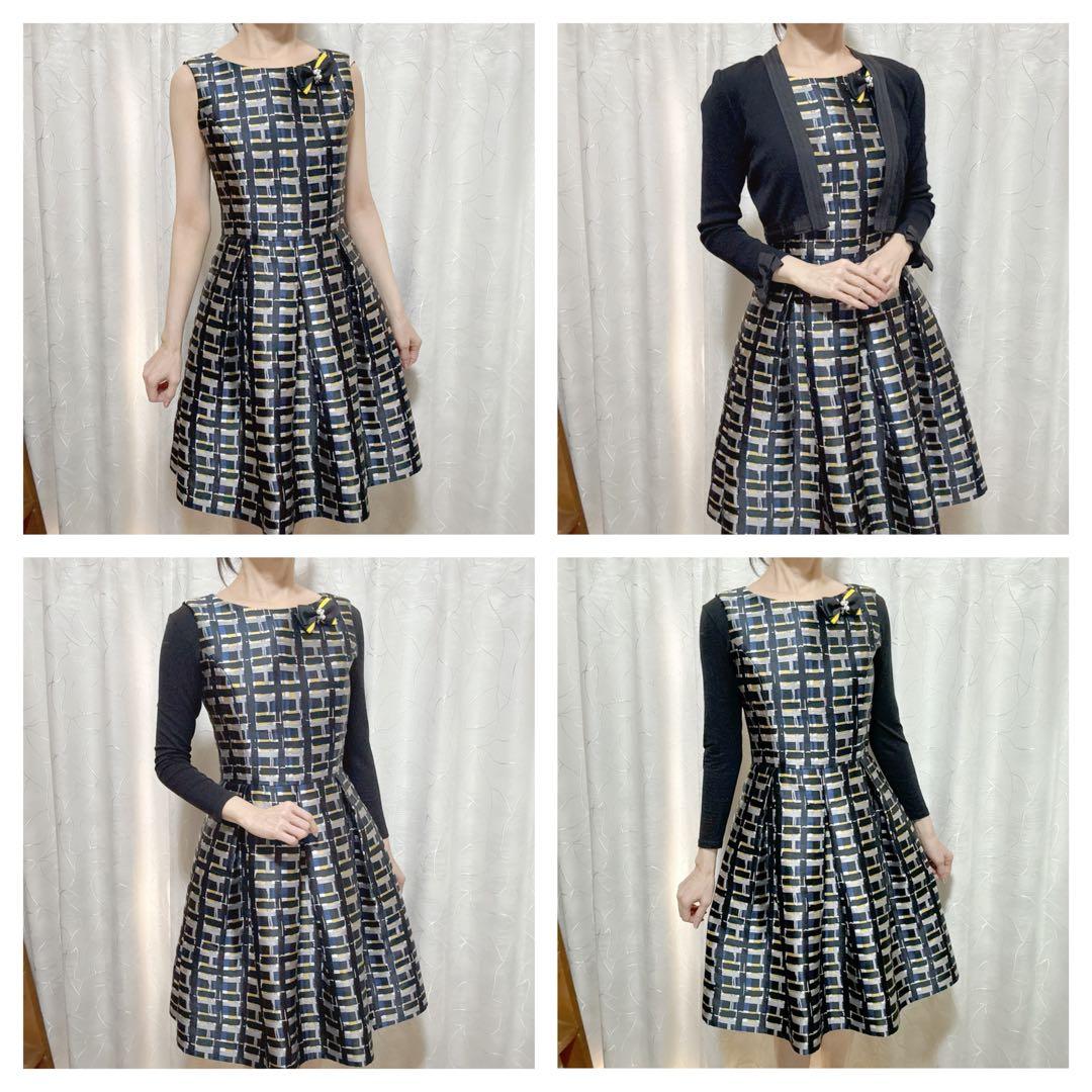 美品 ルネ ジャガード ドレス ワンピース ブロー付 フィットアンドフレア 36