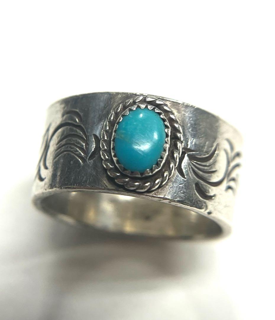 silver925 平打ち ターコイズ リング 指輪 フェザー刻印 #22.0