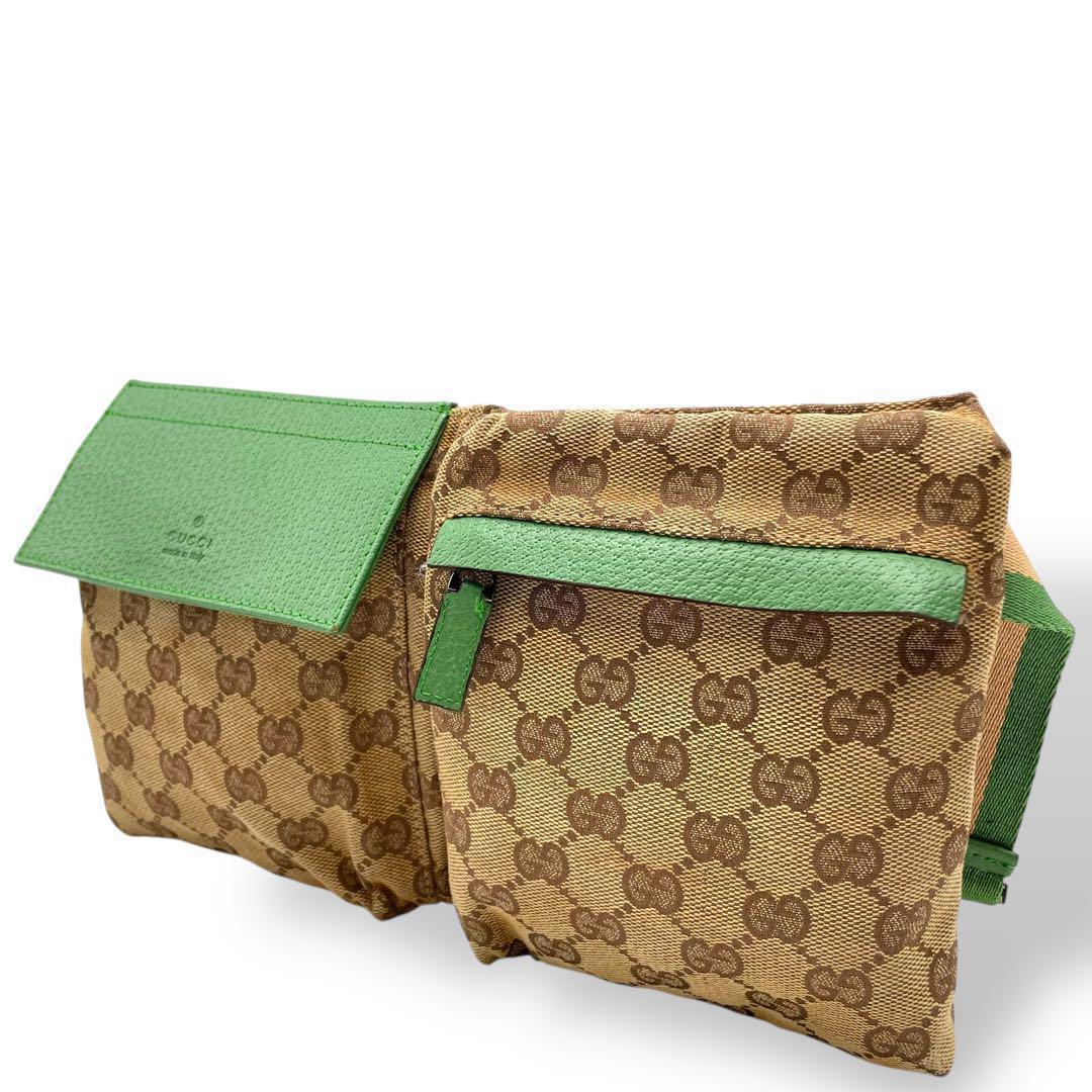 美品 GUCCI ボディバッグ キャンバス グリーン シェリーライン レザー