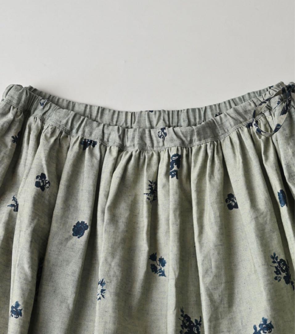 45R インディゴ抜染ローズプリントのイージーギャザースカート 45rpm