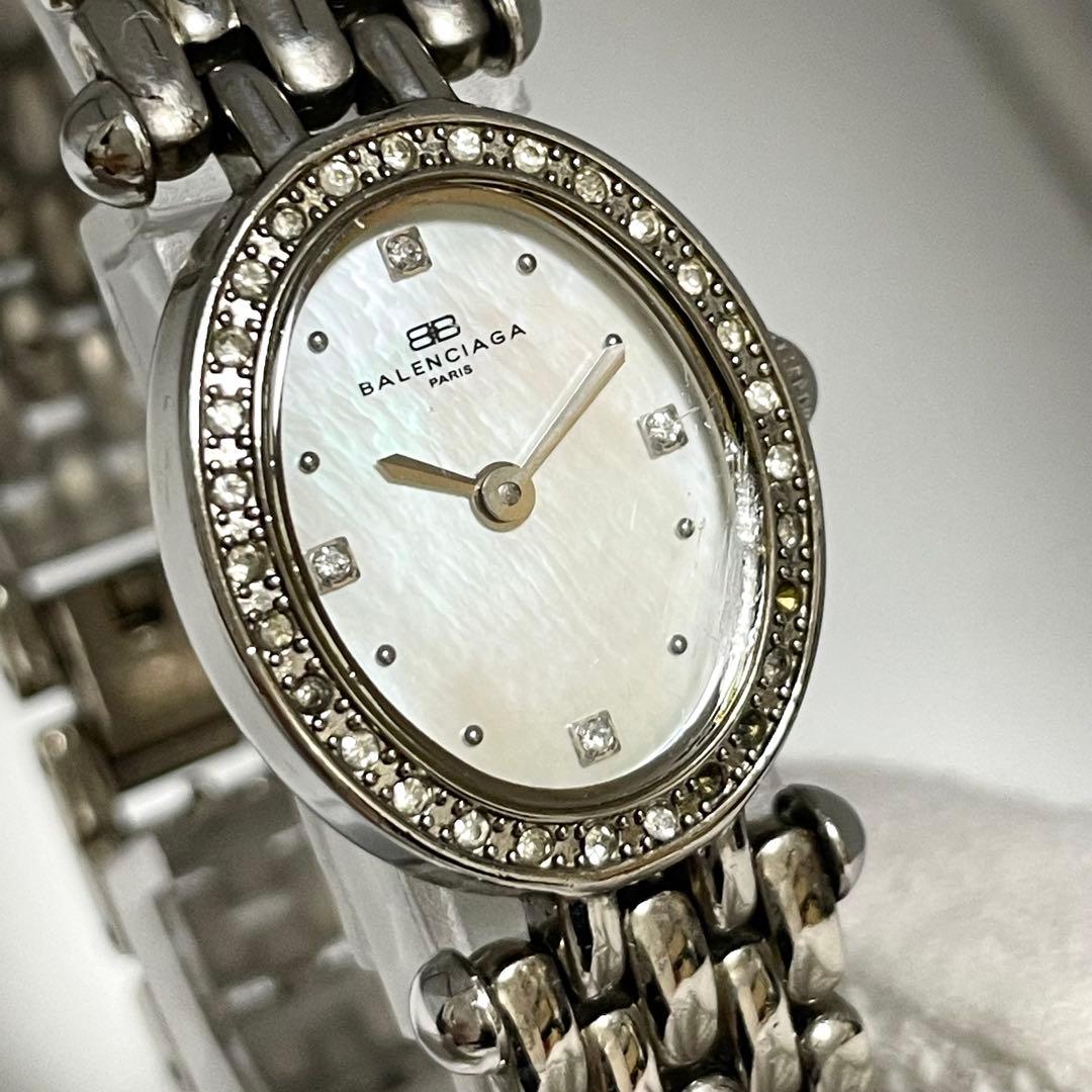 【稼働/新品電池】バレンシアガ　4Pダイヤ　ストーンベゼル　腕時計　シェル文字盤
