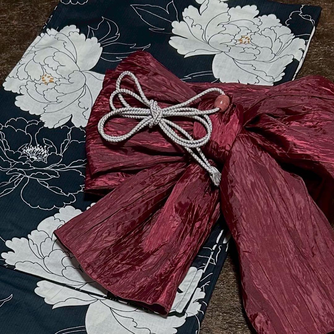 浴衣　大きめサイズ　浴衣 3L 牡丹　濃紺　兵児帯エンジ　2点　新品　0709③