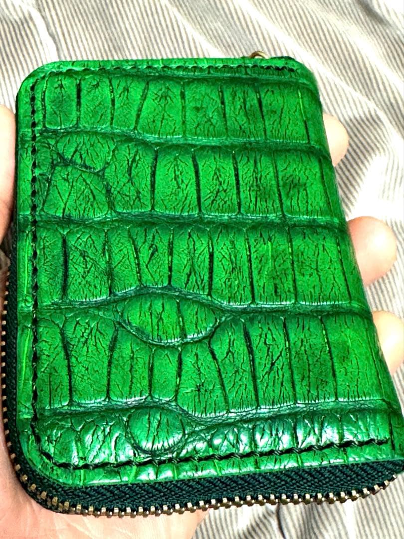 未使用！　アリゲーター　目地染　グリーン　ケース　ミニウォレット　手縫い