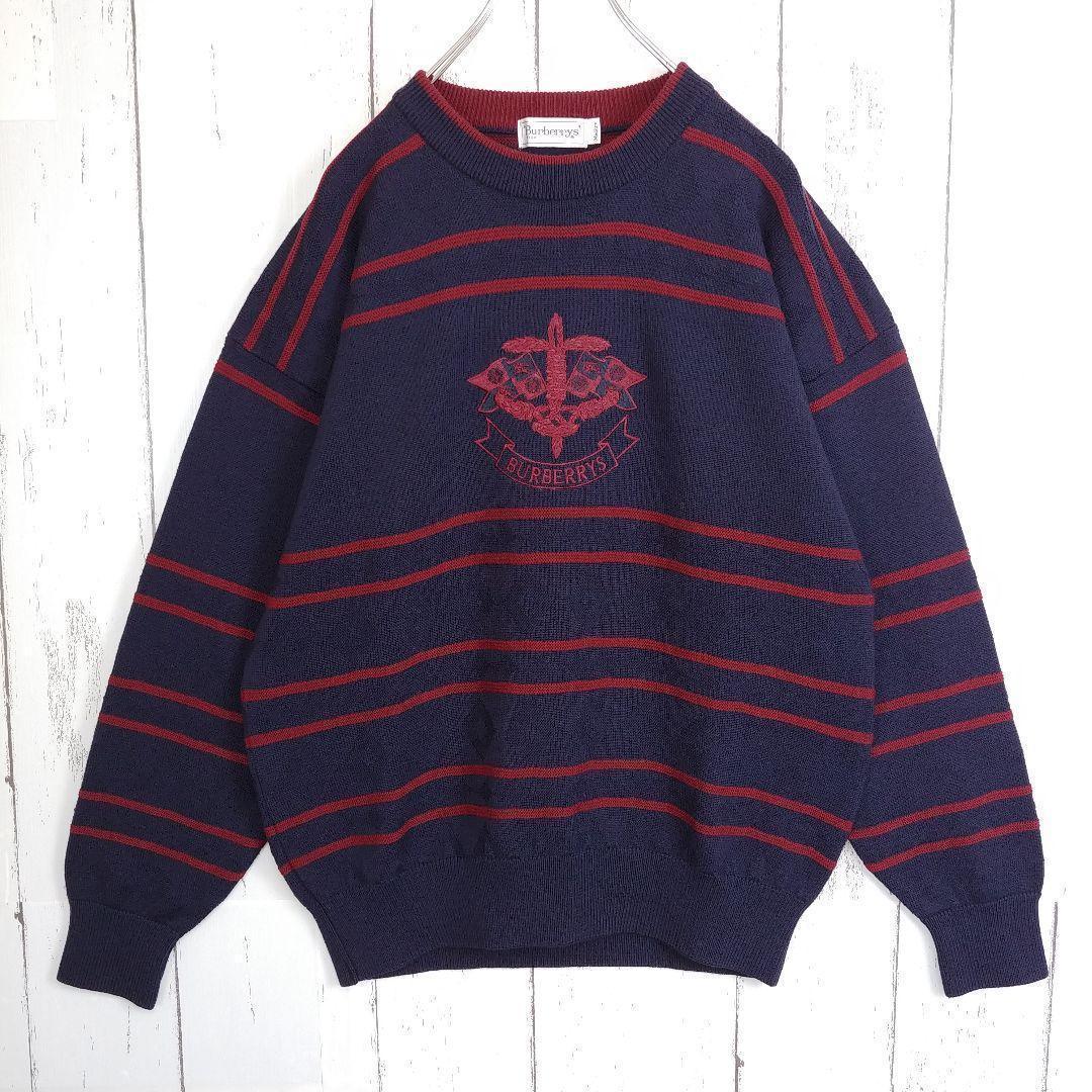 【希少モデル】バーバリーズ ニットセーター 刺繍ロゴ デカロゴ ボーダー柄 M