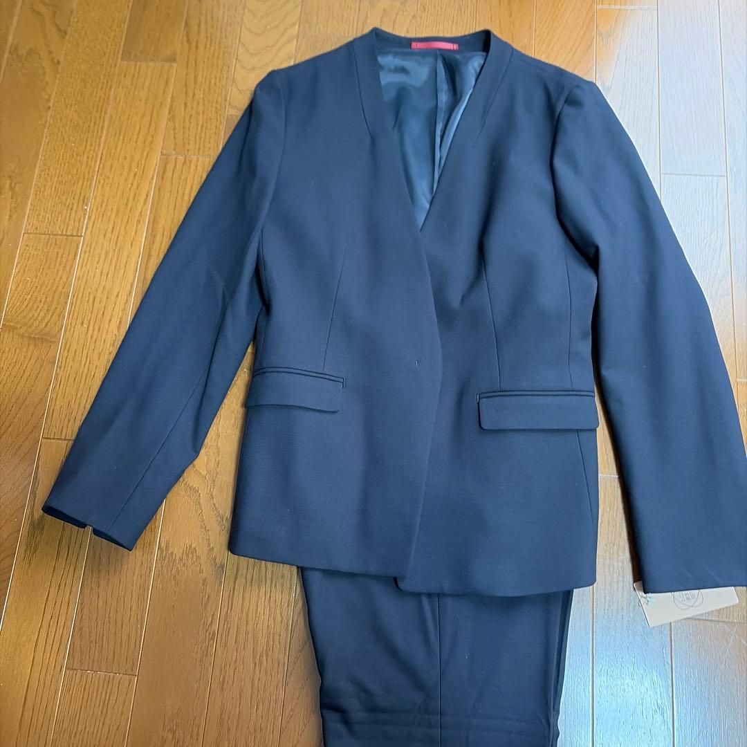 こ*た様 ノーカラー　ネイビーパンツスーツ　裏起毛