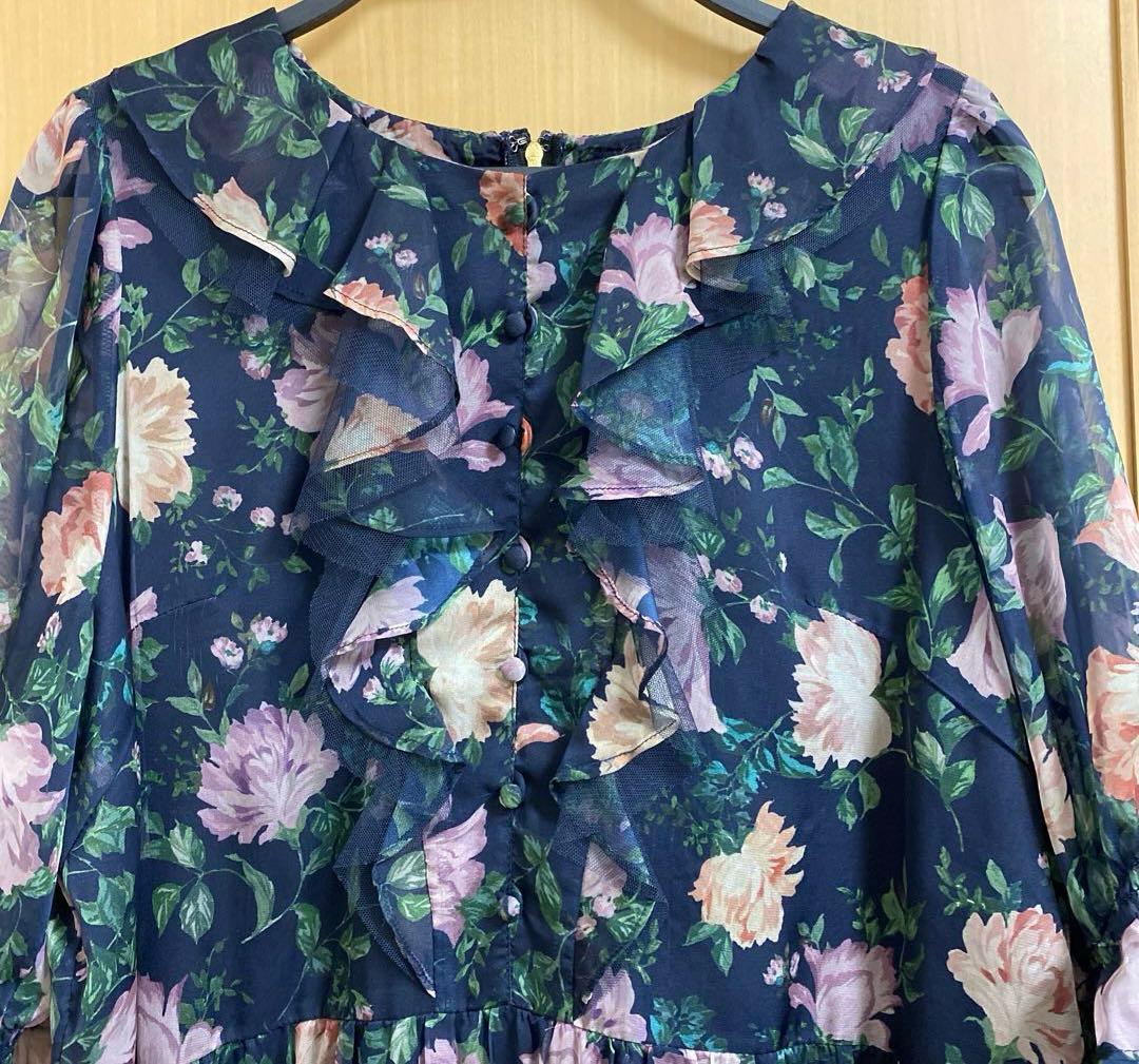 【Rose Tiara】花柄　シフォン　フリルワンピース　ネイビー　サイズ46