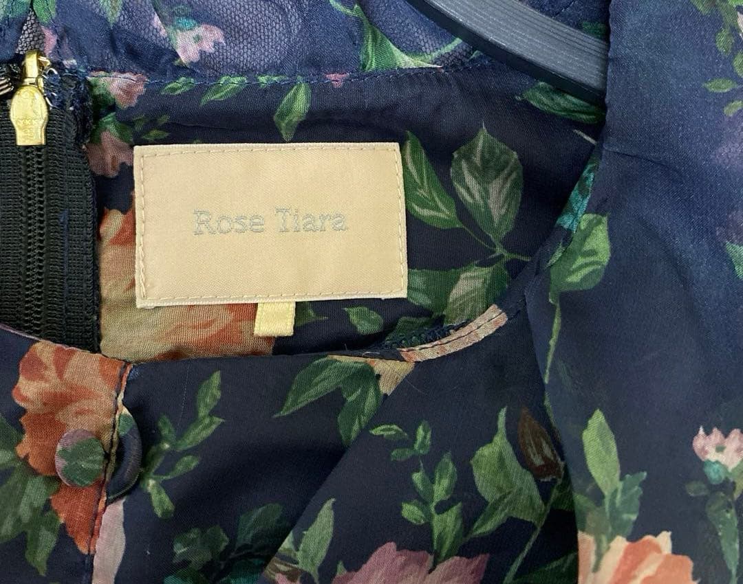 【Rose Tiara】花柄　シフォン　フリルワンピース　ネイビー　サイズ46