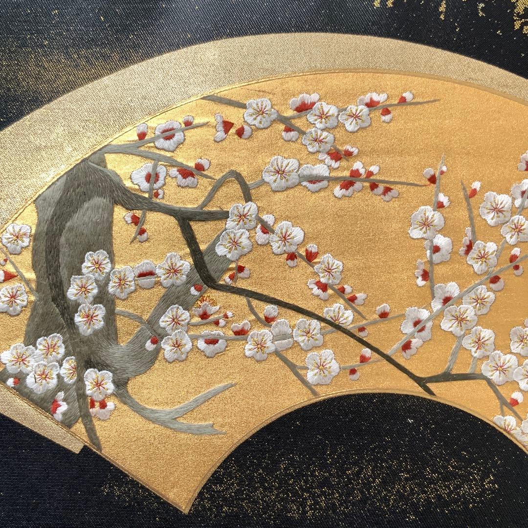 きらめく扇面に刺繍の白梅　袋帯　リメイク　バンブーハンドルバッグ　浅型マチ広め