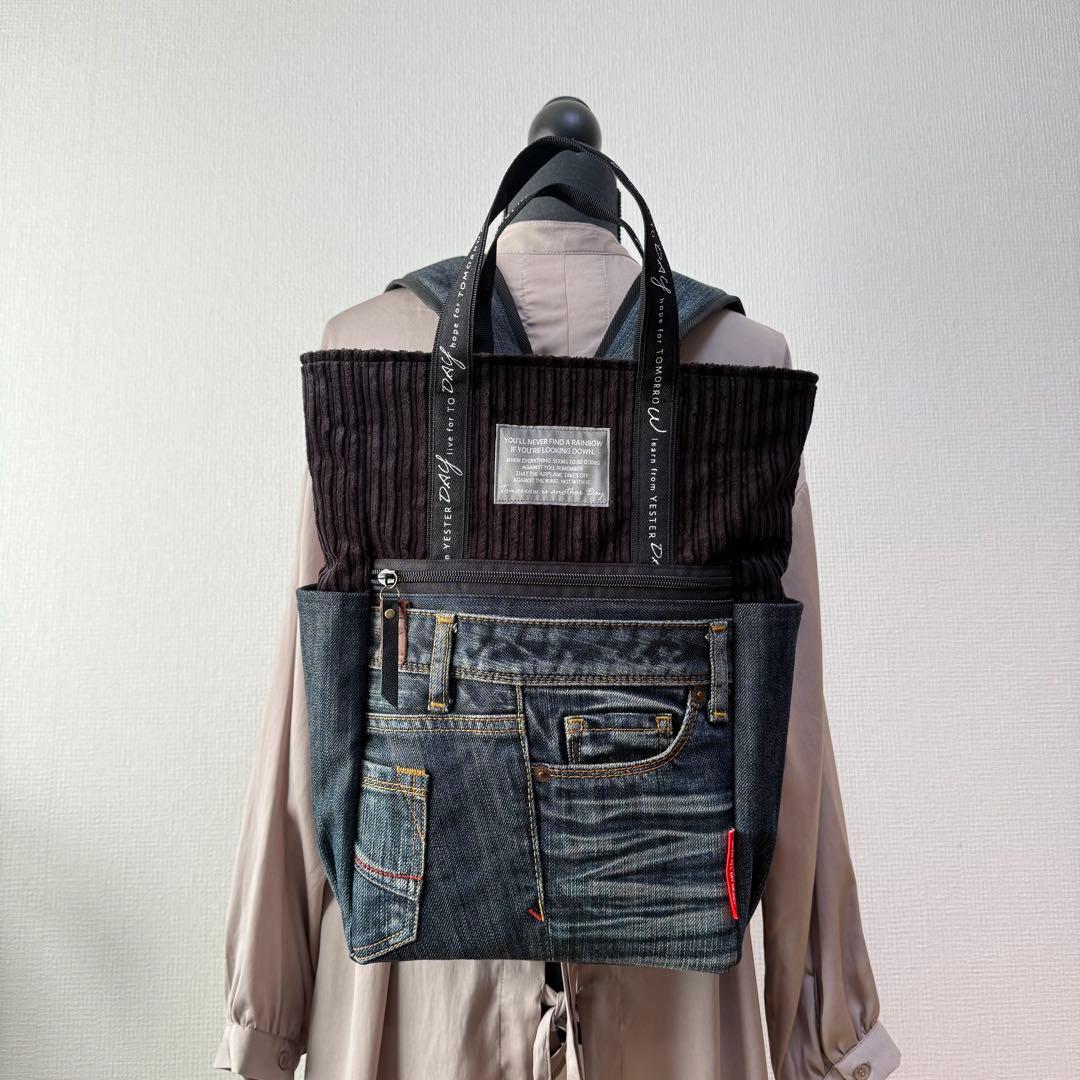☆デニムリメイク　ブラックコーデュロイトートリュック☆