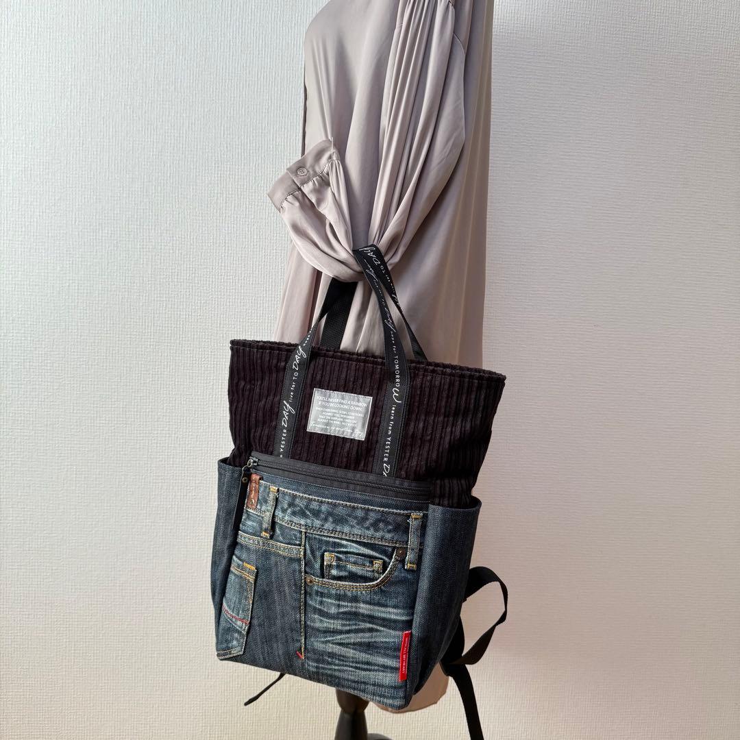 ☆デニムリメイク　ブラックコーデュロイトートリュック☆