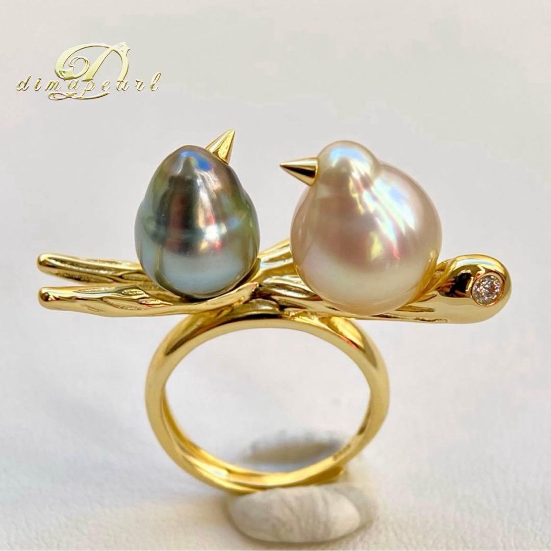 本真珠南洋白蝶真珠と黒蝶真珠「鳥と枝」s925リングY1058