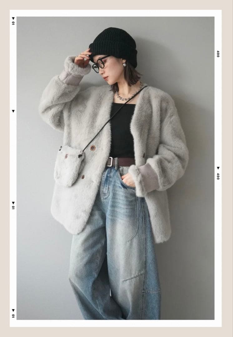 バッグ付エコファーノーカラーコートグレー lumier リュミエ