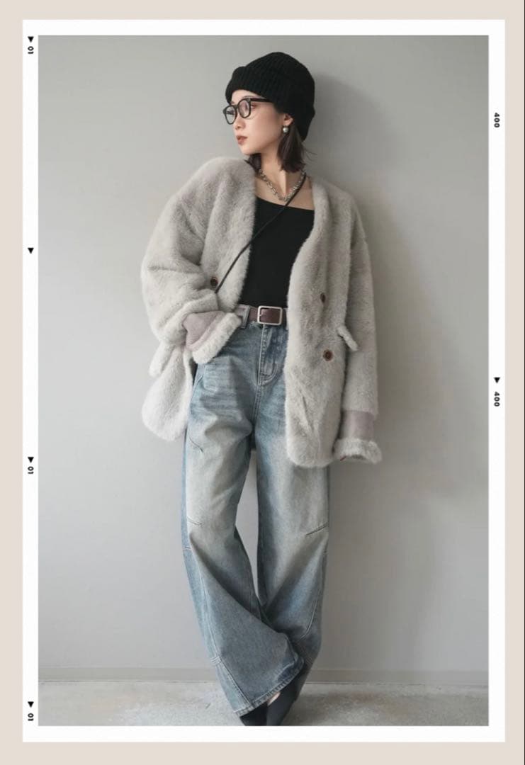 バッグ付エコファーノーカラーコートグレー lumier リュミエ