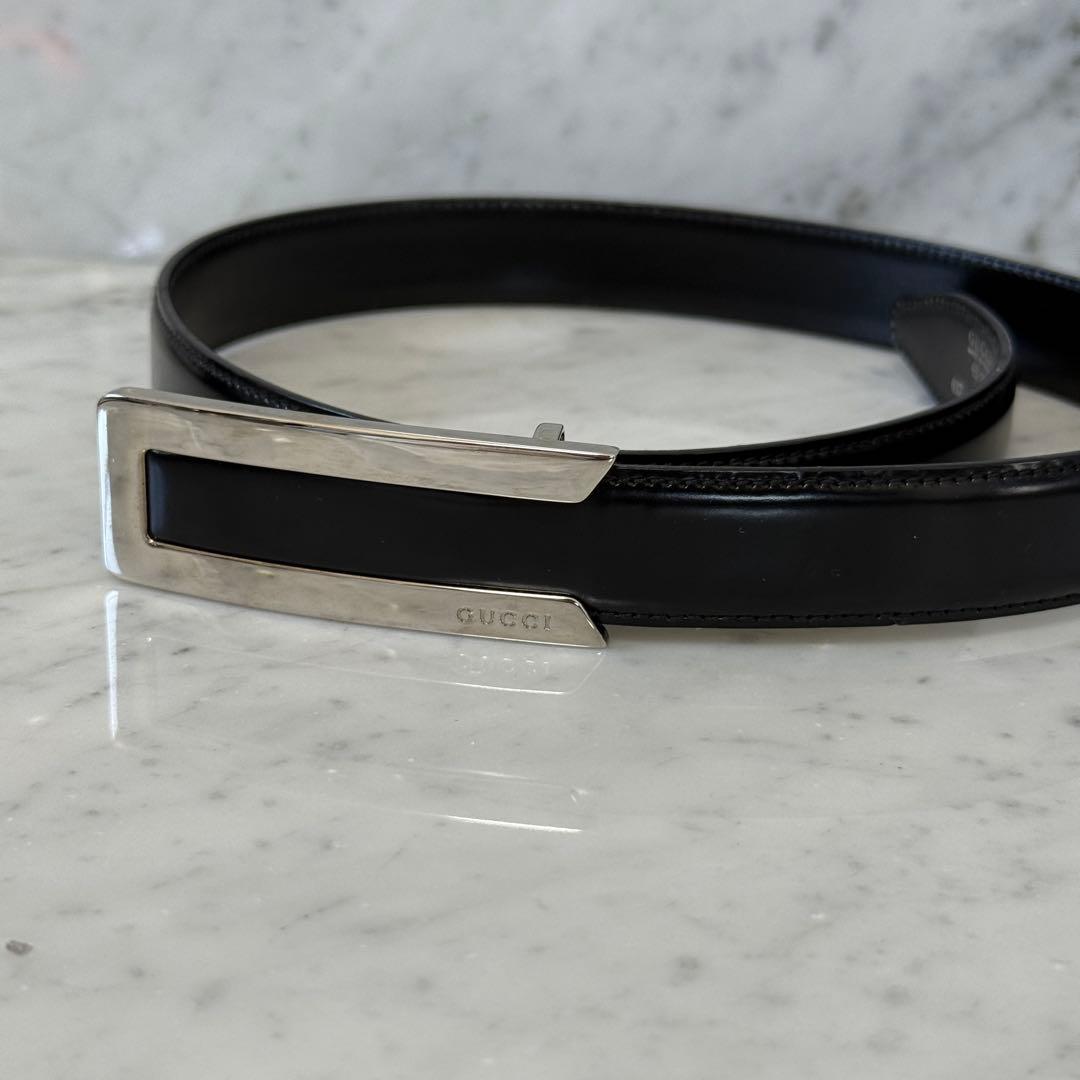 美品 GUCCI グッチ ベルト 本革 レザー ブラック シルバー メタルロゴ