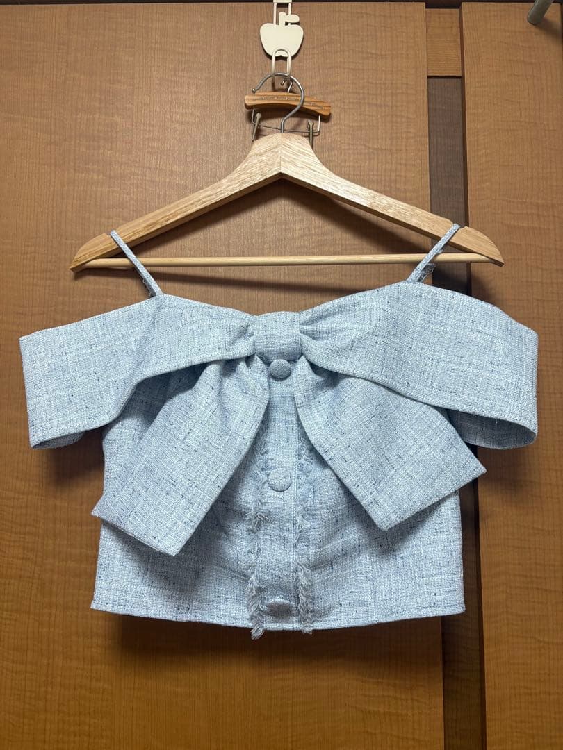 LIPSERVICE ツイードリボンオフショルトップス　ブルー　FREE