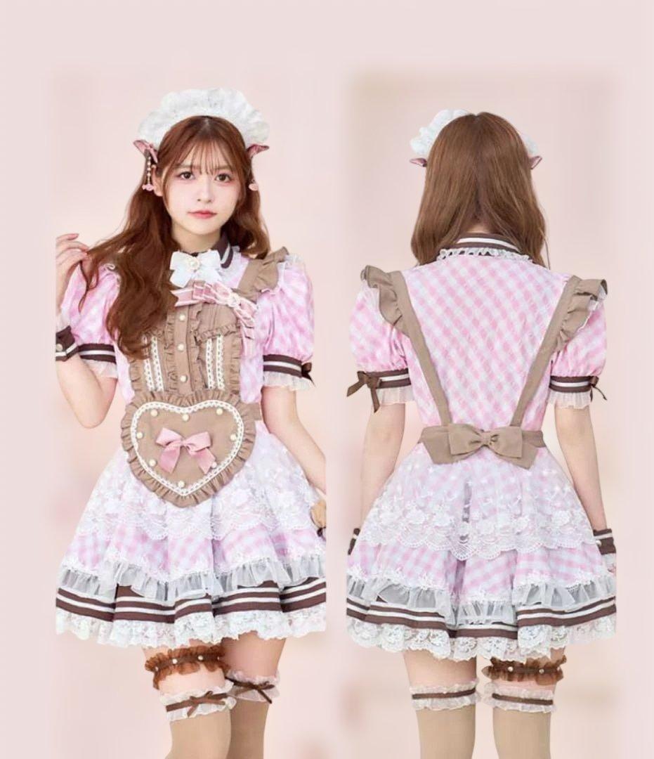 「Malymoon」ピンク メイド服 ハート型 バレンタインコスプレ12点セット