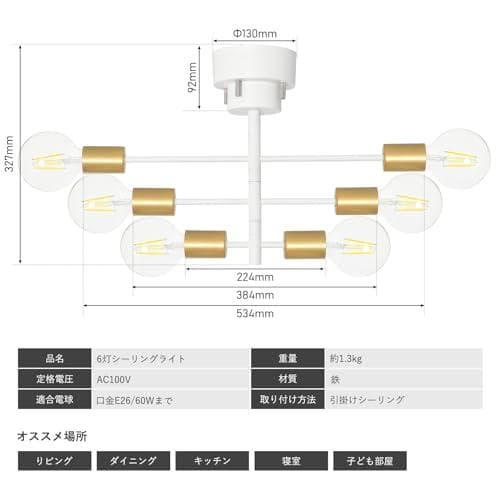 共同照明 シーリングライト 6灯 LEDフィラメント電球 調光調色 60W形6a