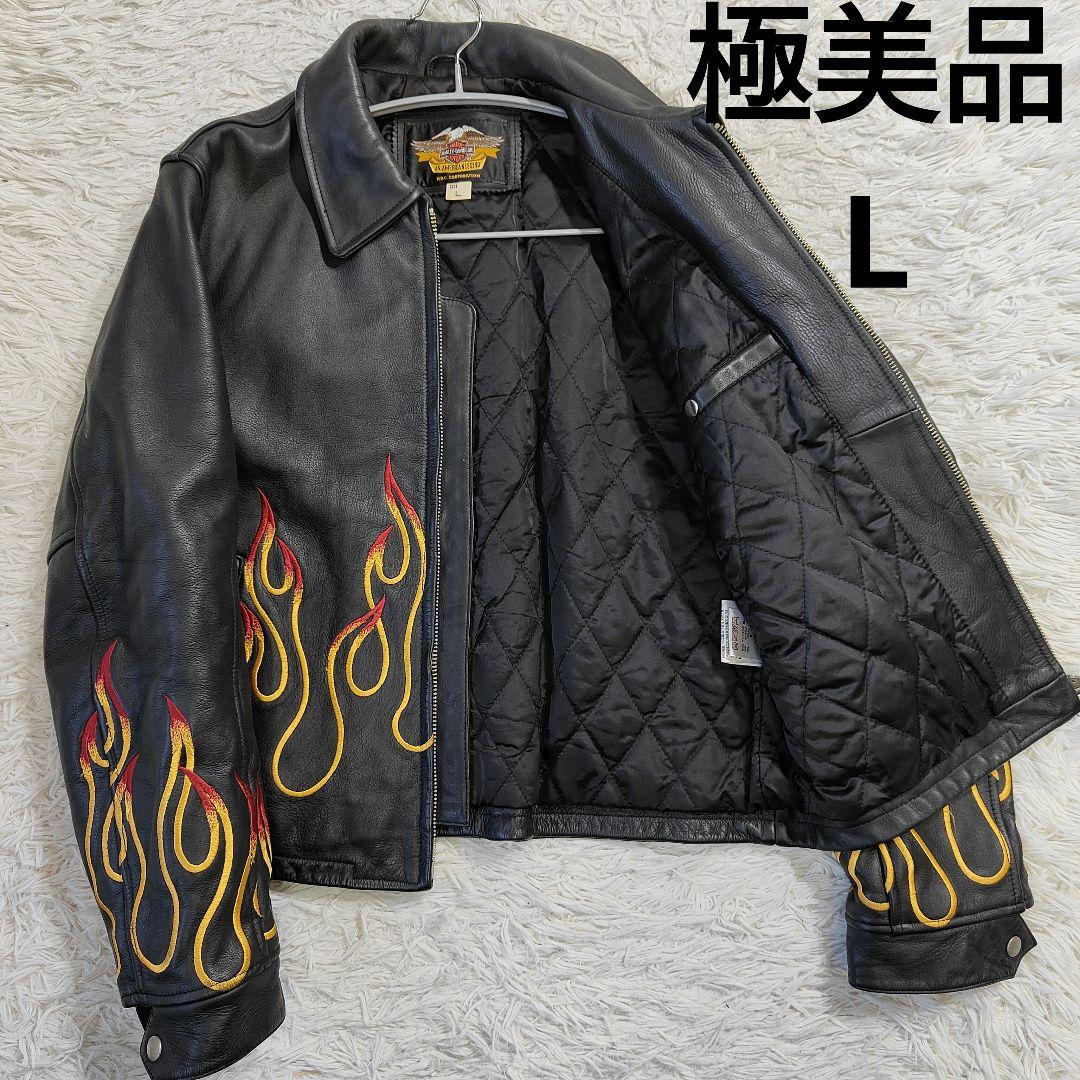 極美品　ハーレーダビッドソン　レザーシングルライダースジャケットフレイム 刺繍L