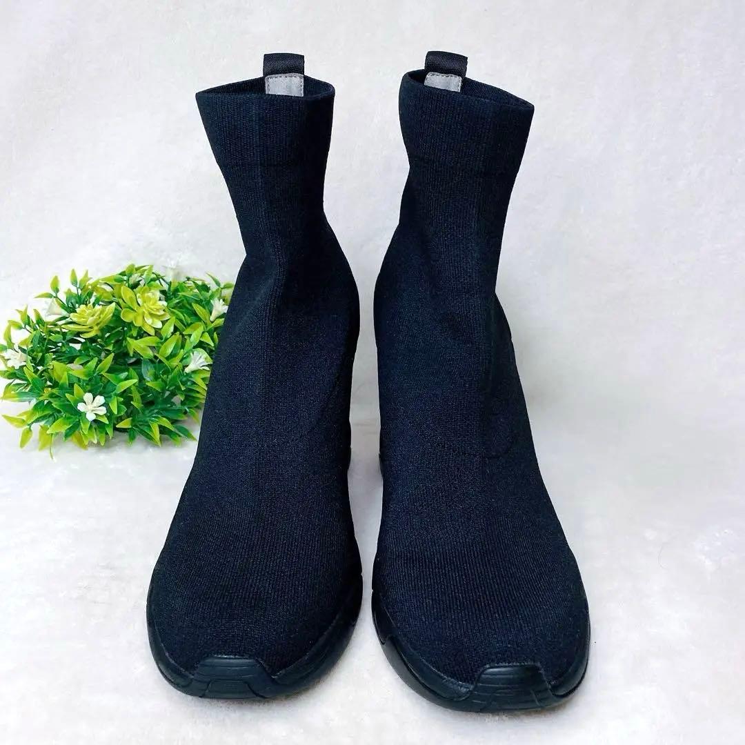 未使用級+ダイアナ ニットスニーカーブーツ 24cm 黒 軽量 ウェッジソール