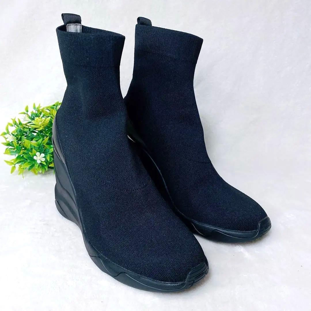 未使用級+ダイアナ ニットスニーカーブーツ 24cm 黒 軽量 ウェッジソール