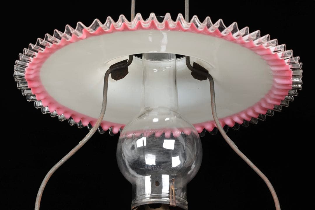 け*ん様 吊りオイルランプ 明治～大正期 乳白ガラス傘 マーブルピンク模様オイル