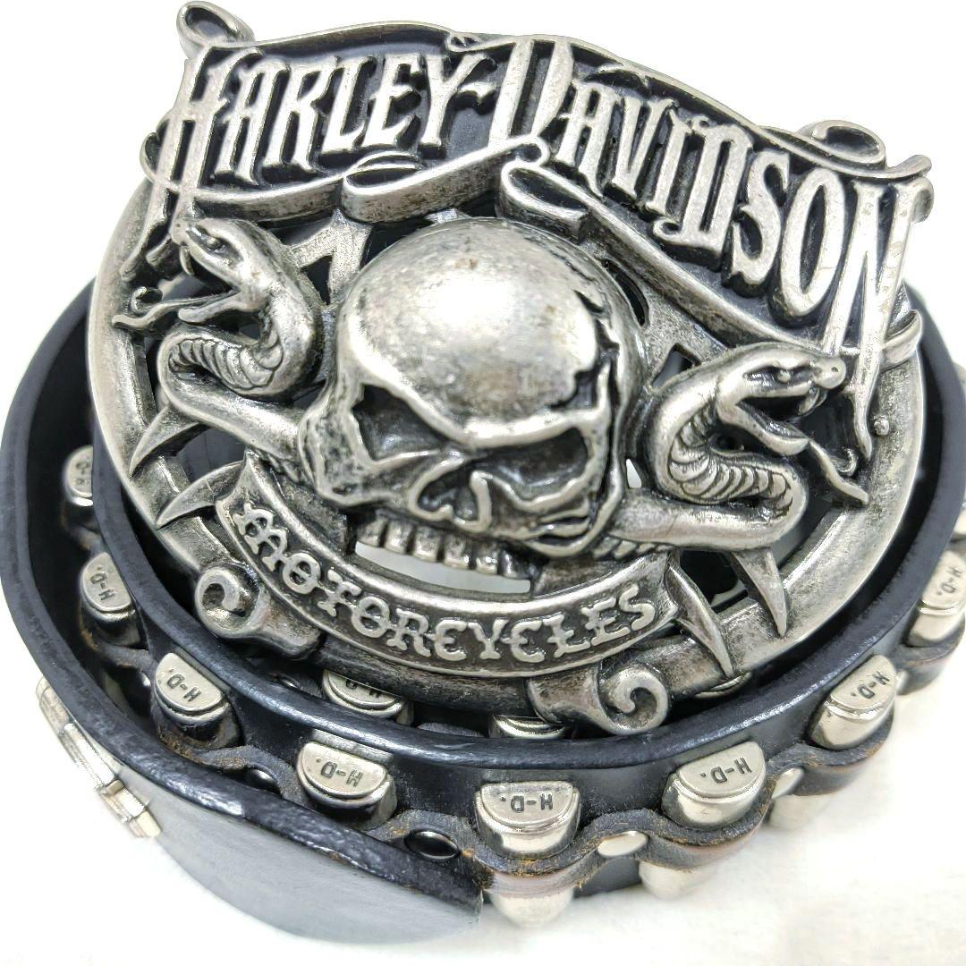 ハーレーダビッドソン　ベルト　バックル　ドクロ　レザー　ブラック