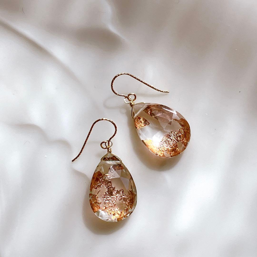 マルモ◆水晶×ピンクゴールド箔トリプレットストーンピアス