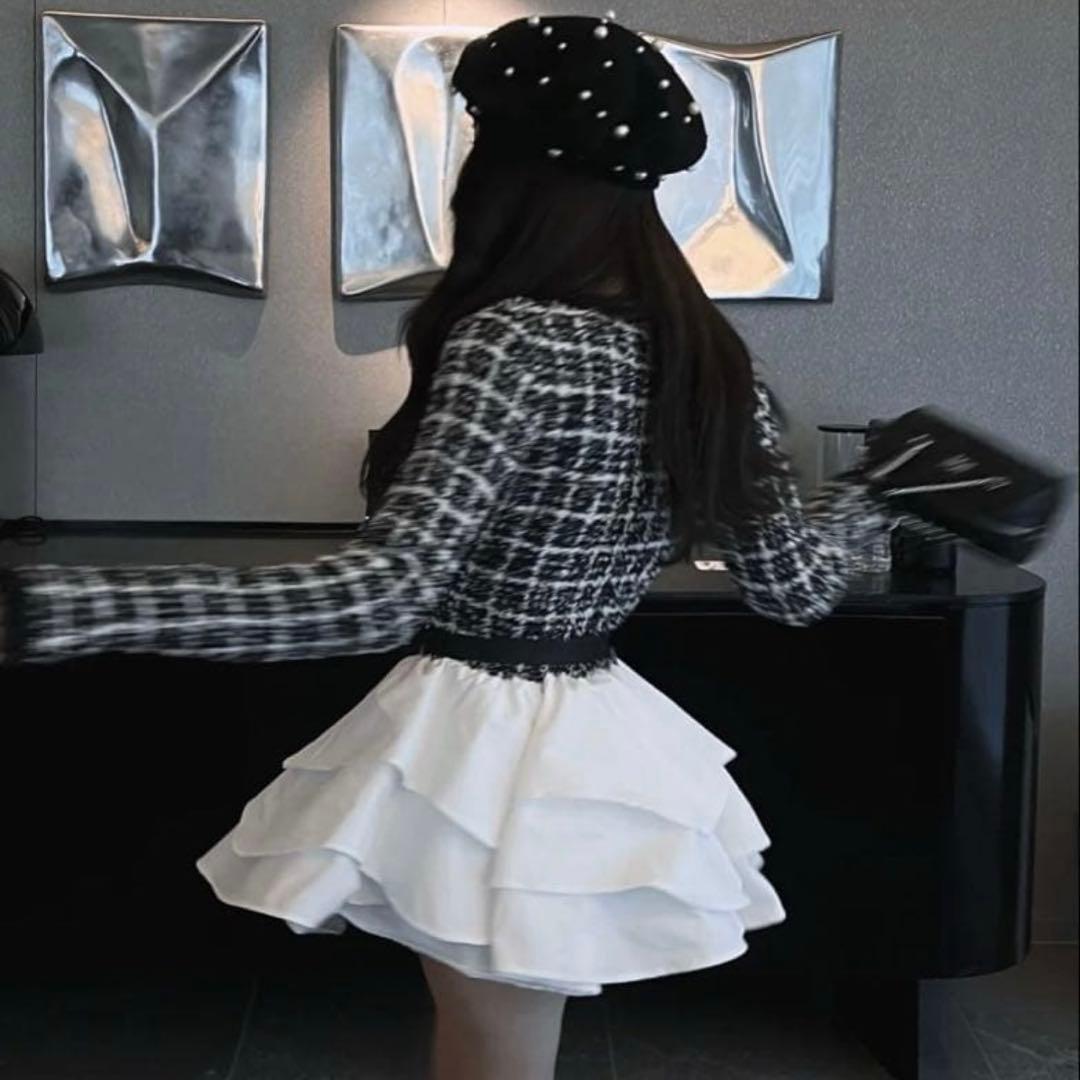 Darich ボリュームフリルツイードニットミニワンピース BLK