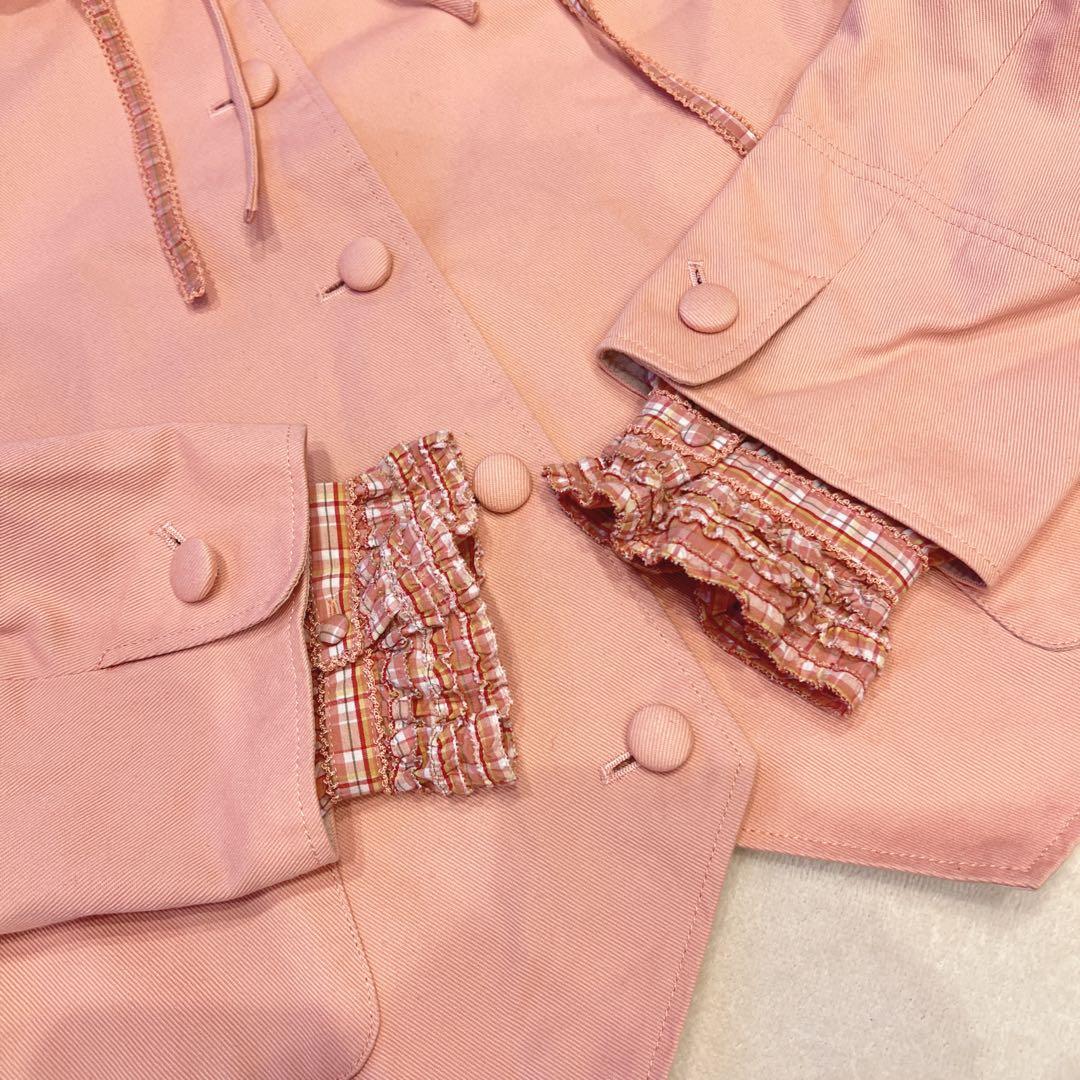 ワンダフルワールド　ピンク系チェック　フード付き　ジャケットコート　カネコイサオ