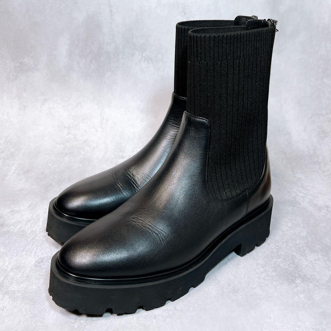 ☆美品☆【銀座かねまつ】アクアベルリブニットショートブーツ (24) 厚底　黒