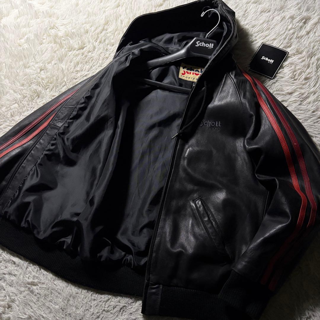 V*】様 美品■schott レザー トラックジャケットフーディ羊革　ブラック