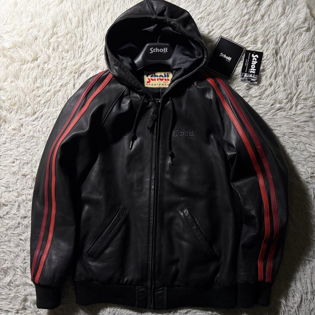 V*】様 美品■schott レザー トラックジャケットフーディ羊革　ブラック