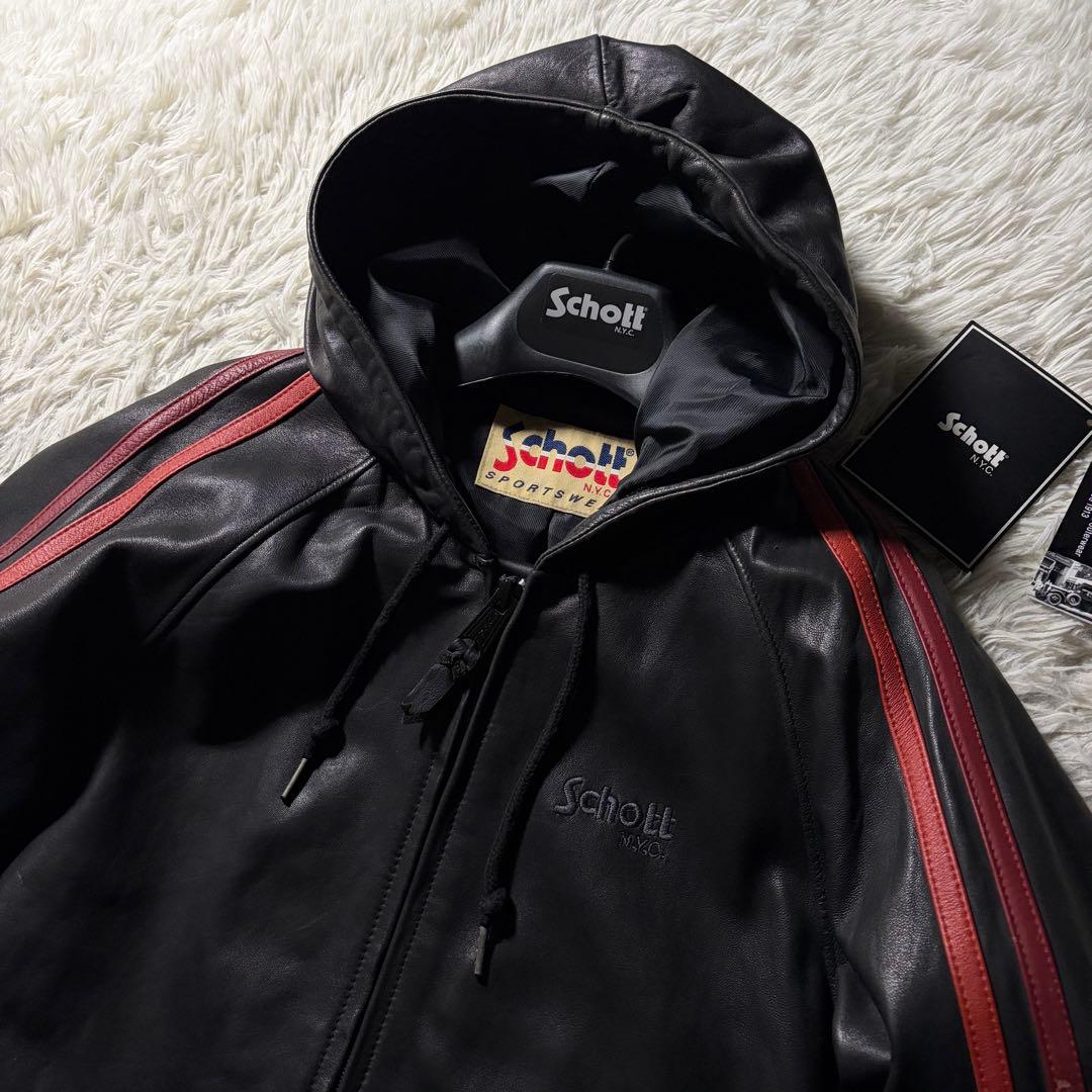 V*】様 美品■schott レザー トラックジャケットフーディ羊革　ブラック