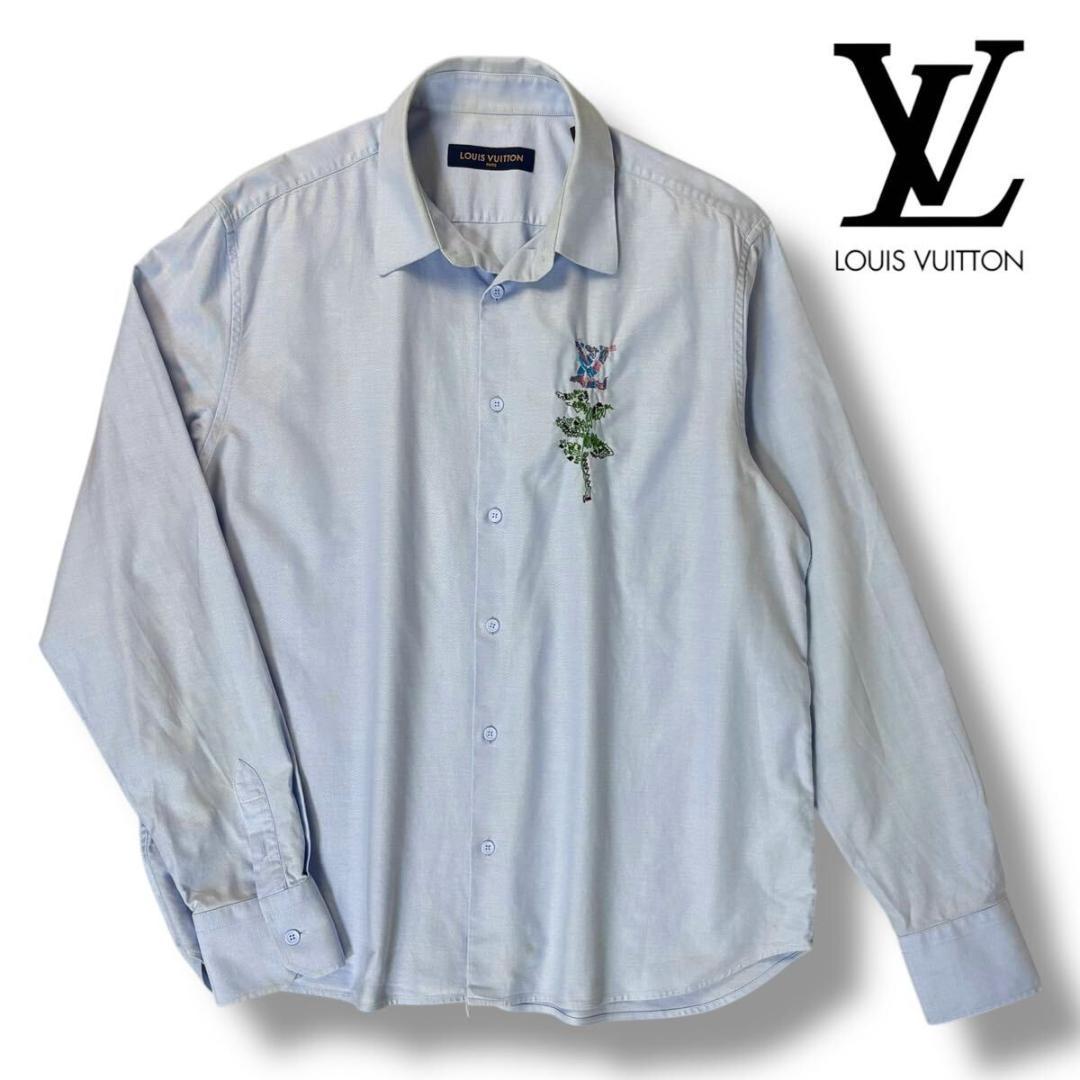 【美品】LOUIS VUITTON 長袖 シャツ 刺繍ブルー XXLイタリア製