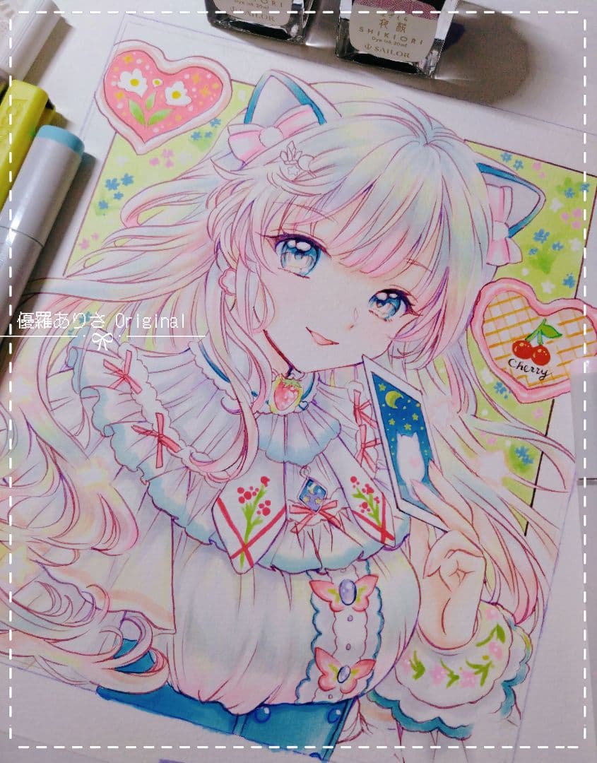 創作【Fancy☆girl 2】手描きイラスト 原画 アナログイラスト 中色紙