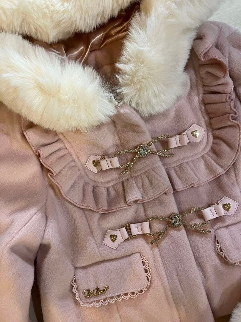 LIZLISAデザイン ビジューリボン付きショートコート フードコート ピンク