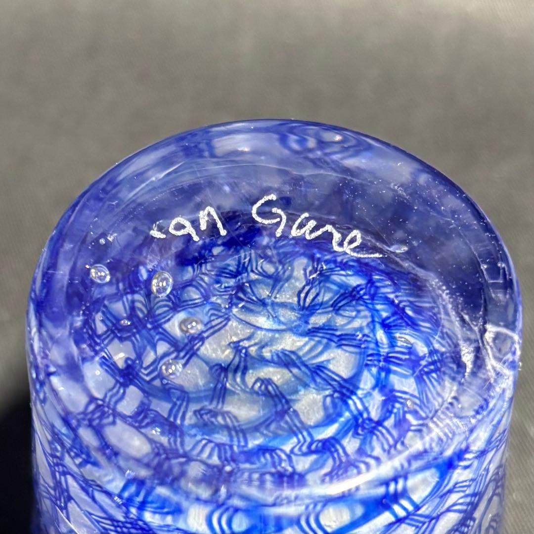 コアガラス　小暮紀一　冷酒杯　レース文様　青　ぐい呑　おちょこ　トンボ玉