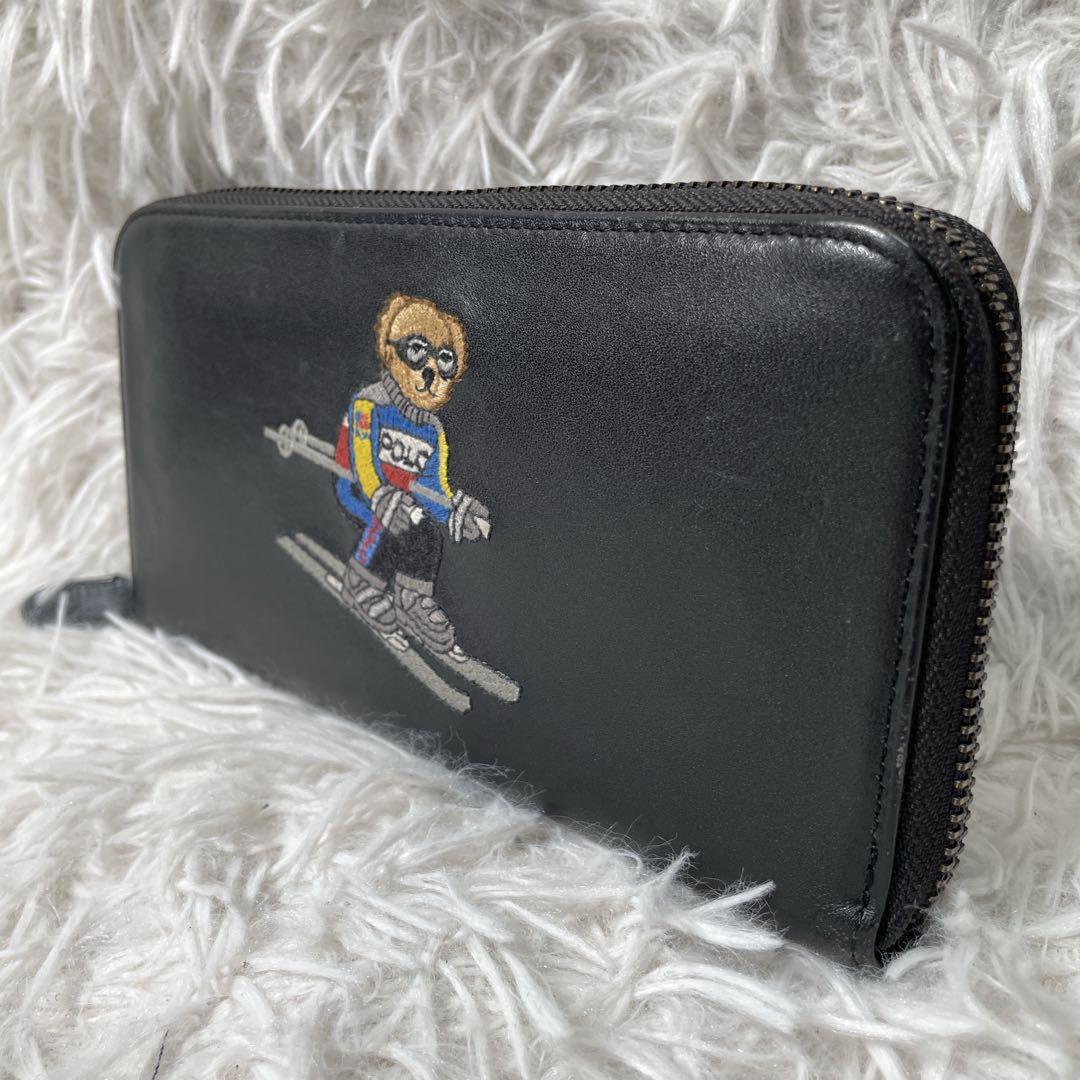 美品　ポロラルフローレン　ラウンドファスナー　長財布　レザー　ポロベア　スキー