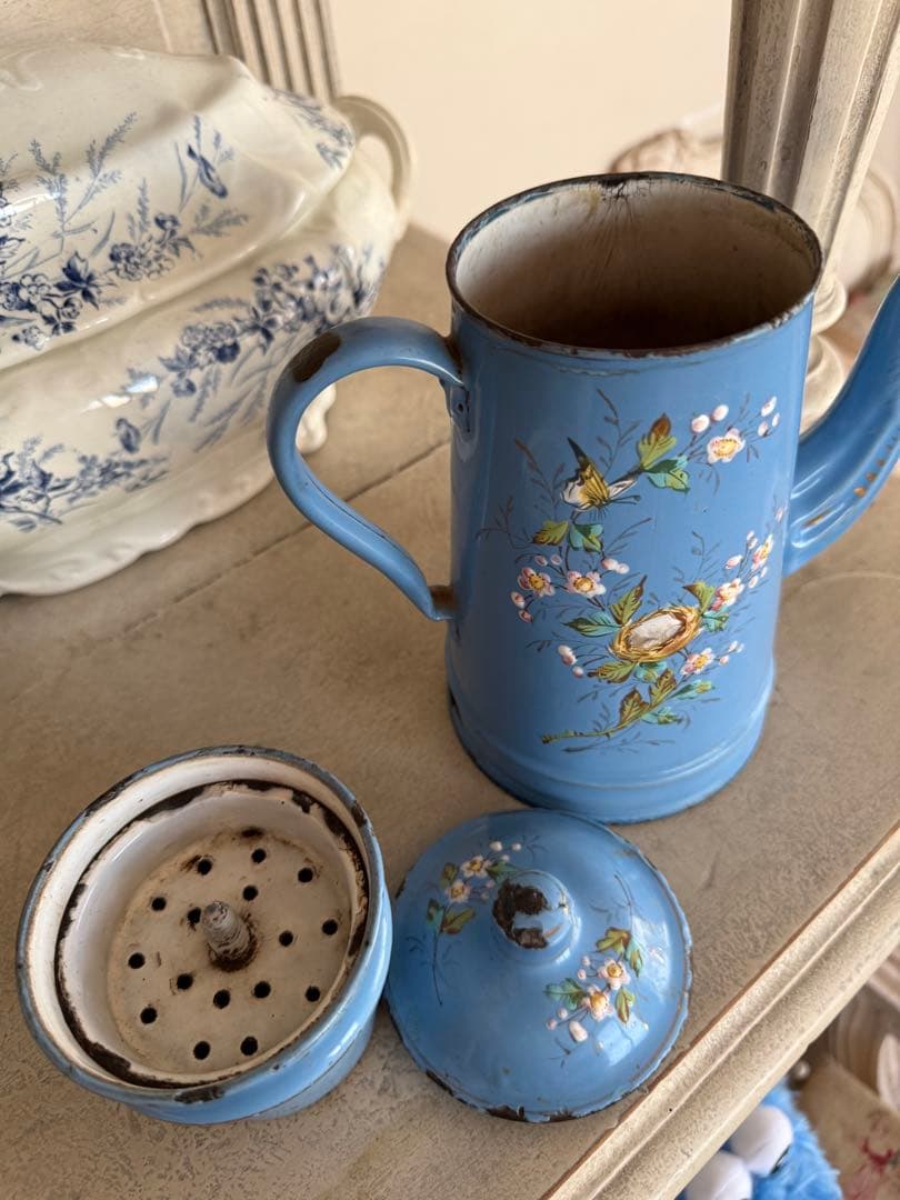 フランスアンティークエトワール社レア！小鳥と小鳥の巣ハンドペイントホーローポット