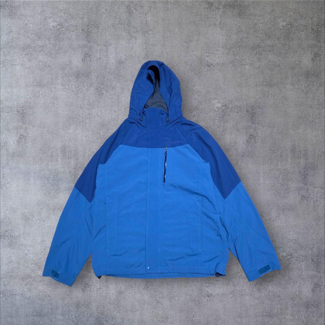 美品 テック系古着Marmotマウンテンパーカー現行ブルーネイビードローコードL