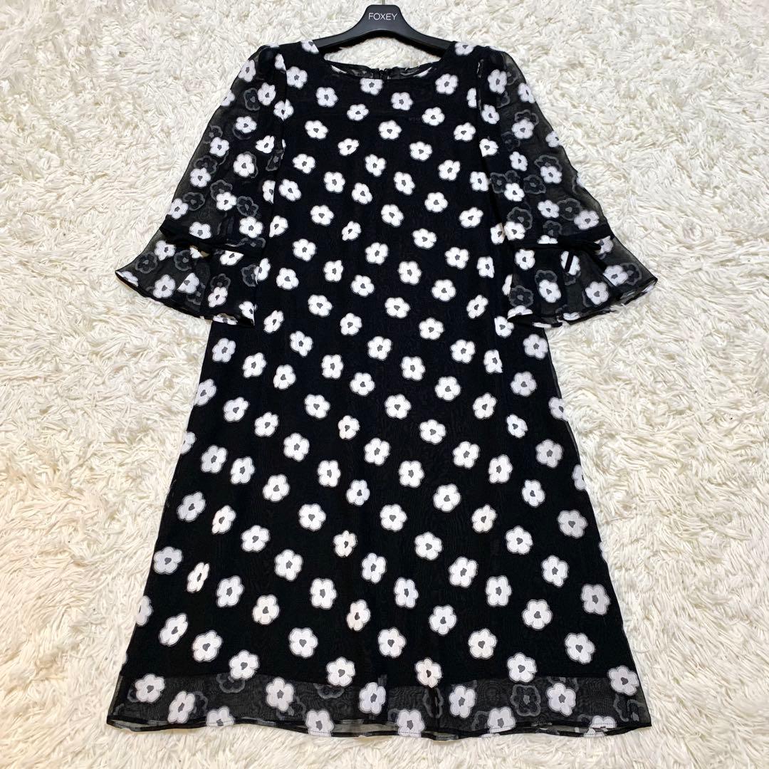 美品✨エムズグレイシー フラワー刺繍 ワンピース ドレス シアー リボン 40