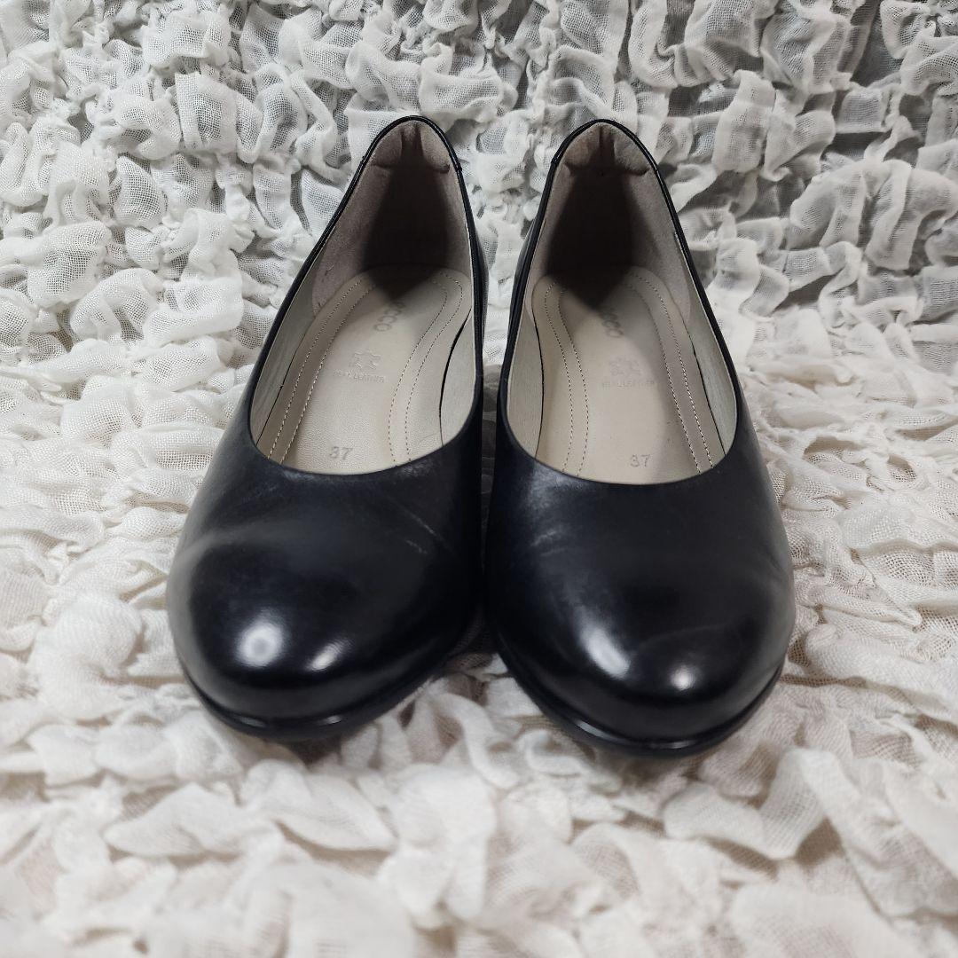 美品 エコー アーモンドトゥ レザー プレーン パンプス チャンキーヒール