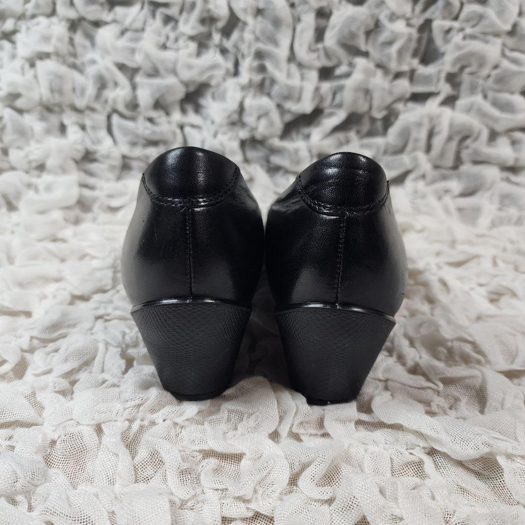 美品 エコー アーモンドトゥ レザー プレーン パンプス チャンキーヒール