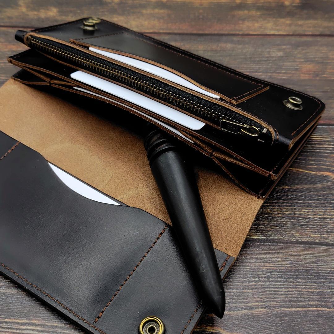 クロムエクセル ロングトラッカーウォレット ハンドメイド 本革 茶芯ブラック