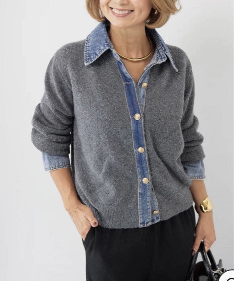 新品タグ付⭐︎PLUS OTO.HA デニム×ニット異素材コンビネーションシャツ