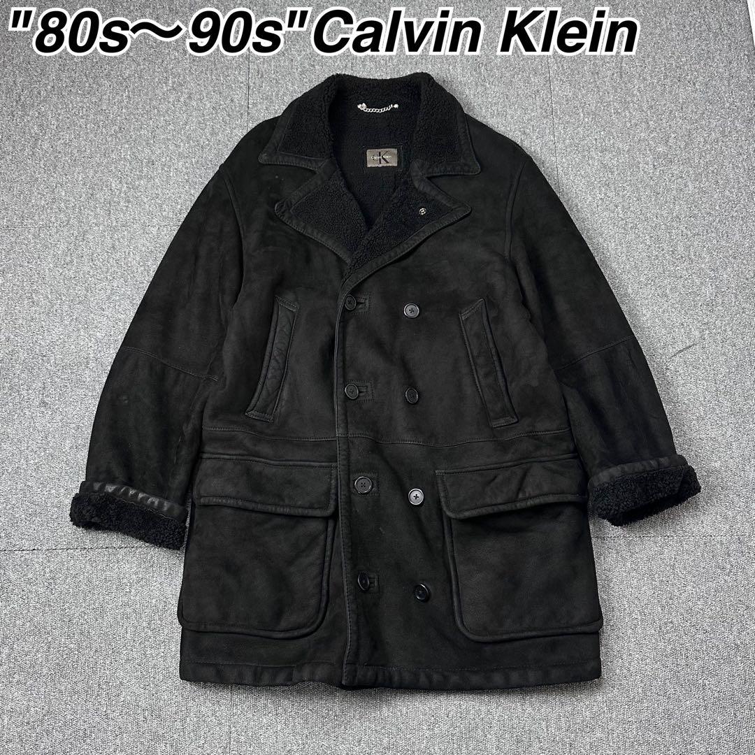 80s 90s カルバンクライン 本革 ムートンコート レザージャケット 黒