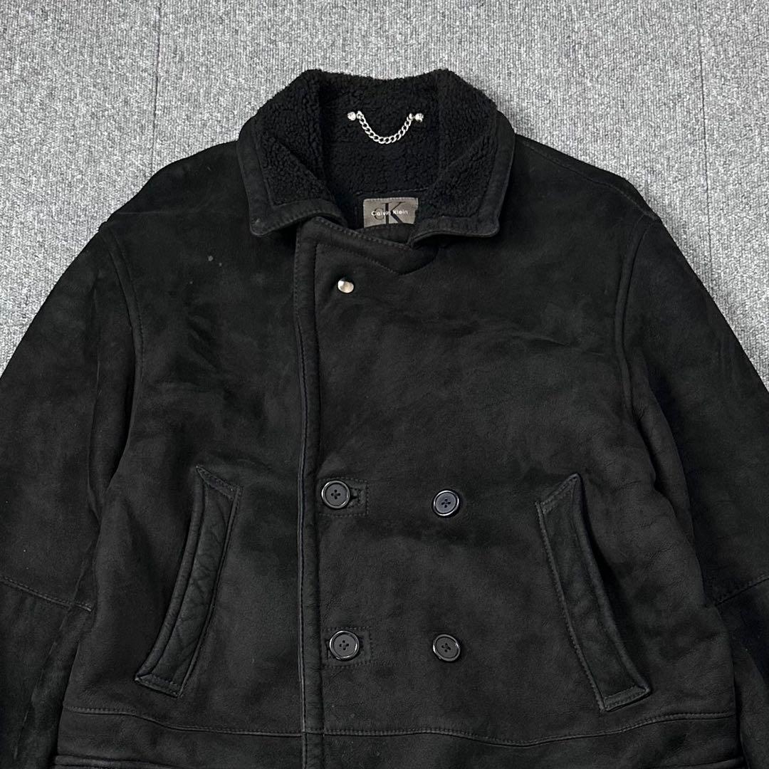 80s 90s カルバンクライン 本革 ムートンコート レザージャケット 黒
